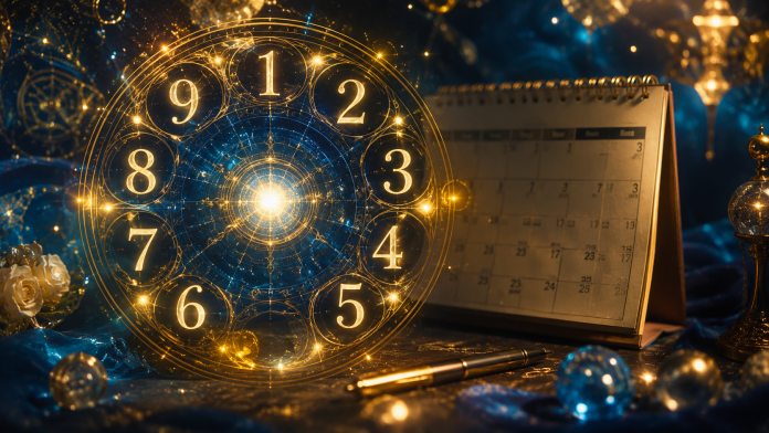 cifra-dominanta-data-nasterii.jpg Cerc numerologic cu cifre luminoase și calendar simbolic reprezentând data nașterii
