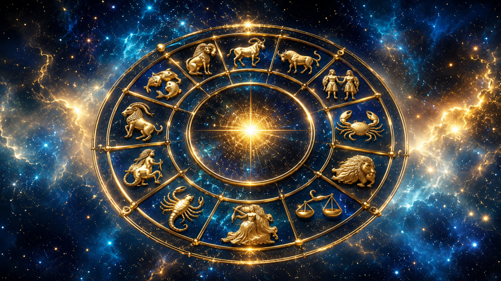 Cerc zodiacal luminos și simboluri astrologice pentru horoscopul zilei de 21 iunie 2026.