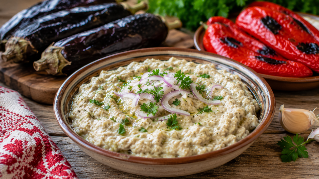 Salată de vinete cremoasă cu ardei copt și ceapă