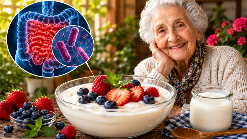 Bol cu iaurt și imagine simbolică despre longevitate și sănătatea microbiomului intestinal.