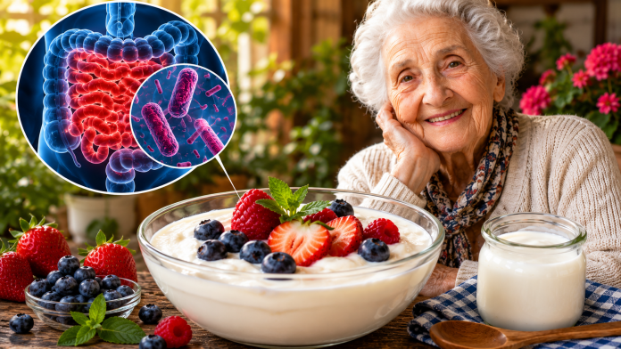 Bol cu iaurt și imagine simbolică despre longevitate și sănătatea microbiomului intestinal.