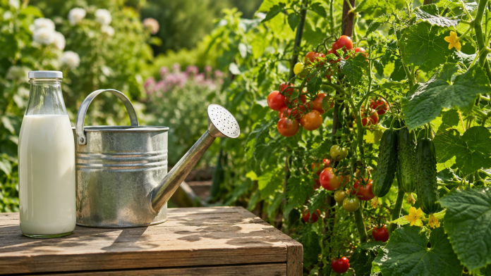 fertilizare-cu-lapte-pentru-rosii-si-castraveti.jpg Lapte folosit ca fertilizant natural pentru roșii și castraveți în grădină.