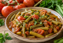 Fasole verde gătită cu roșii și usturoi într-un bol rustic
