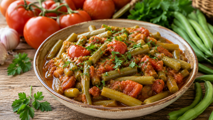 fasole-verde-usturoi-rosii.jpg Fasole verde gătită cu roșii și usturoi într-un bol rustic