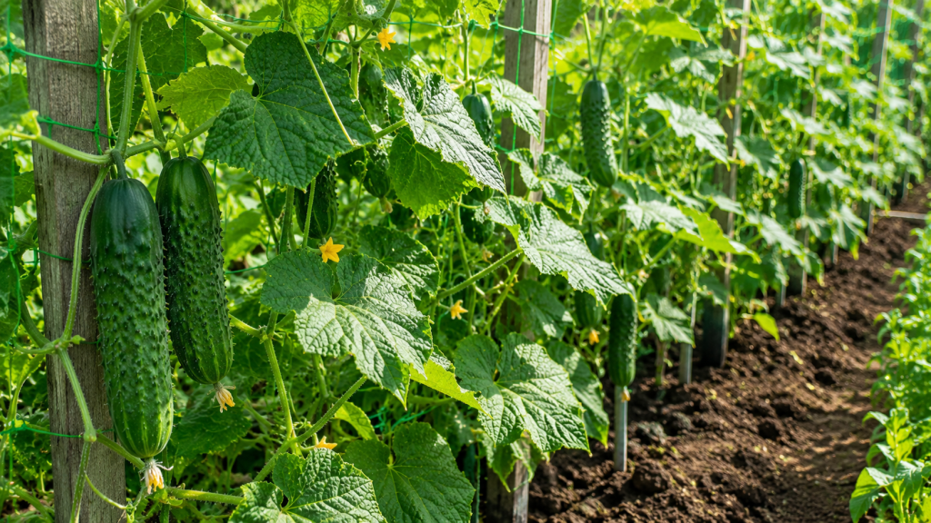 Castraveți verzi crescând pe spalier în grădină în luna iulie, plante sănătoase în plină producție.