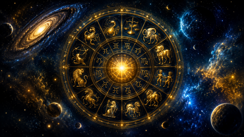 Cerc zodiacal luminos pe fundal cosmic, simbolurile celor 12 zodii și efecte astrale aurii, reprezentând horoscopul lunii iulie 2026.