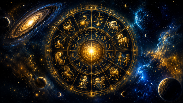 horoscop-iulie-2026-zodii.jpg Cerc zodiacal luminos pe fundal cosmic, simbolurile celor 12 zodii și efecte astrale aurii, reprezentând horoscopul lunii iulie 2026.