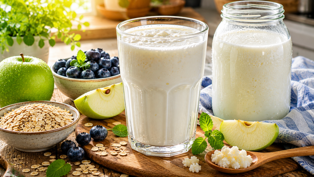 Pahar cu kefir pe masă, alături de fructe și un mic dejun sănătos.