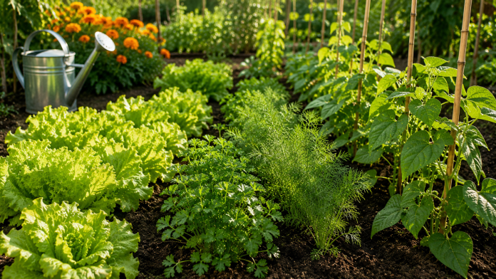 gradina-iulie-recolta-secundara-2026.jpg Grădină de vară cu verdețuri și legume tinere semănate la început de iulie, sol fertil și plante în creștere.