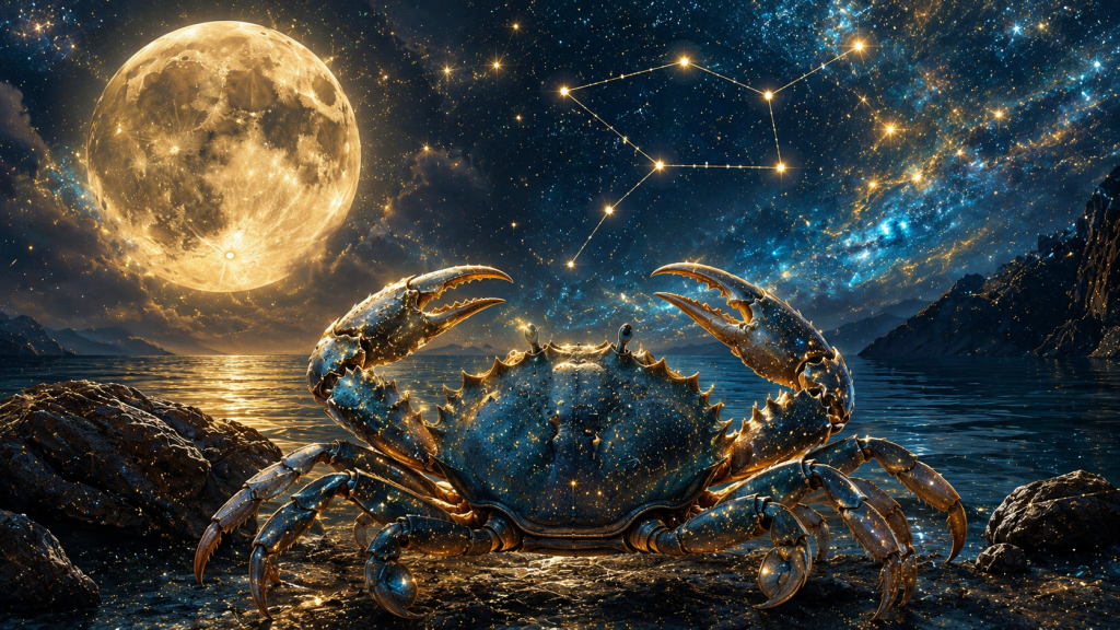Simbol zodiacal Rac sub cer înstelat, reprezentând binecuvântare, protecție și schimbare de destin în astrologie.