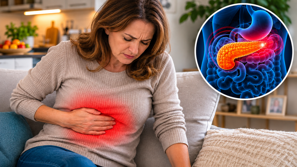 Persoană ținând mâna în partea superioară a abdomenului, sugerând disconfort pancreatic.