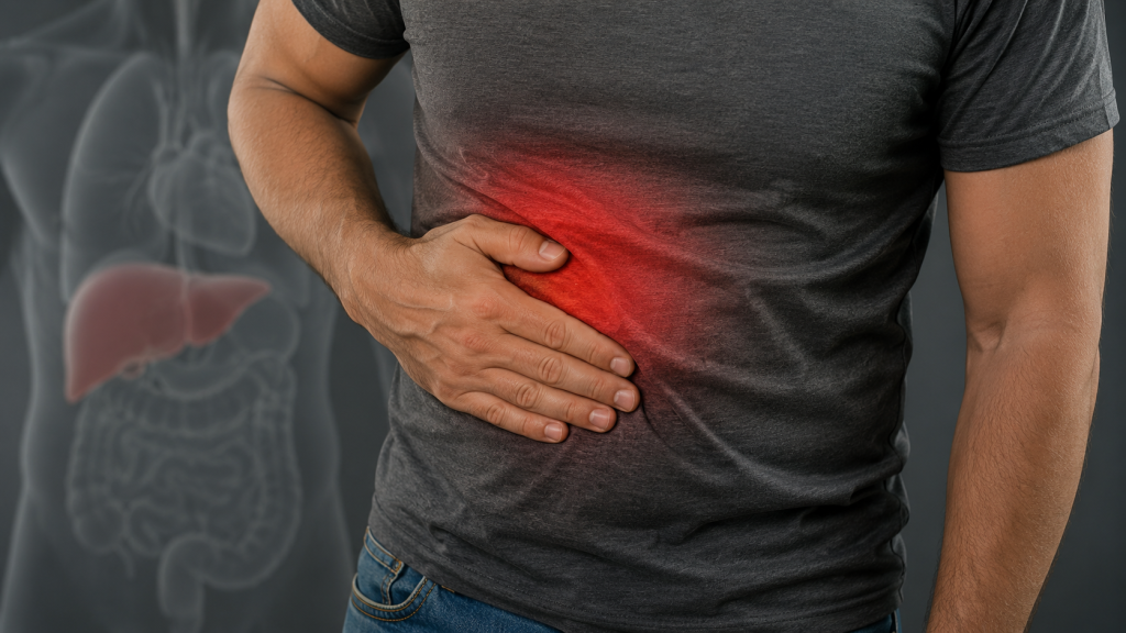 Adult cu mâna în partea dreaptă a abdomenului, sugerând disconfort la nivelul ficatului.