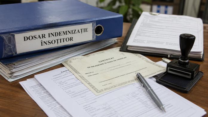 indemnizatie-insotitor-handicap.jpg Dosar pentru indemnizația de însoțitor, certificat de handicap și documente medicale analizate pe un birou.