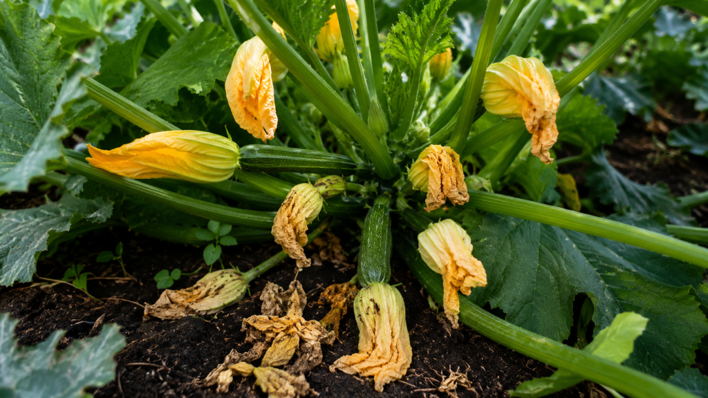 Plantă de dovlecel cu flori galbene, unele ofilite și fără fructe dezvoltate.