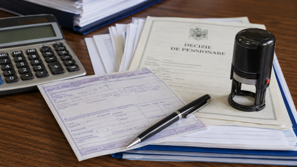 Documente privind pensia, talon de pensie și calculator pe un birou, ilustrând pensia minimă garantată.
