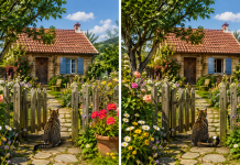 Două imagini aproape identice cu o căsuță, o grădină și o pisică, între care sunt ascunse cinci diferențe.