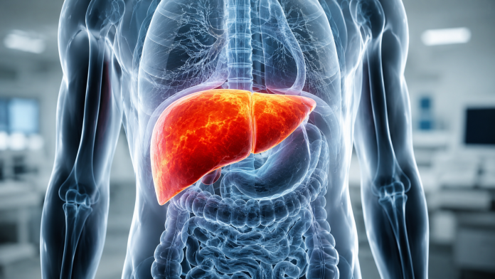 boala-muta-ficat-hepatita-tacuta.jpg Ilustrație medicală cu ficat uman inflamat, reprezentând hepatita care evoluează fără simptome evidente.