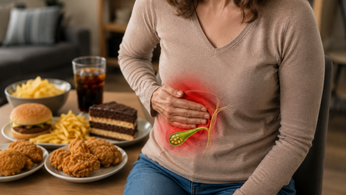 pietre-la-fiere-simptome.jpg Persoană ținând mâna în partea dreaptă a abdomenului, sugerând durerea provocată de pietrele la fiere.