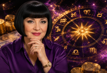 Neti Sandu în prim-plan, cu cerc zodiacal și monede aurii pe fundal, ilustrând previziunile despre bani pentru a doua parte a lunii iulie.