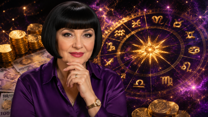 neti-sandu-bani-iulie-2026.jpg Neti Sandu în prim-plan, cu cerc zodiacal și monede aurii pe fundal, ilustrând previziunile despre bani pentru a doua parte a lunii iulie.
