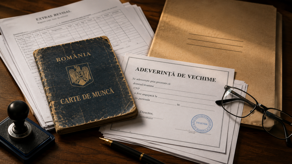 Documente privind vechimea în muncă și cartea de muncă folosite pentru dosarul de pensionare.