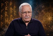 Mihai Voropchievici în fața unui fundal cu rune și simboluri zodiacale.