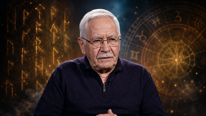 Mihai Voropchievici în fața unui fundal cu rune și simboluri zodiacale.
