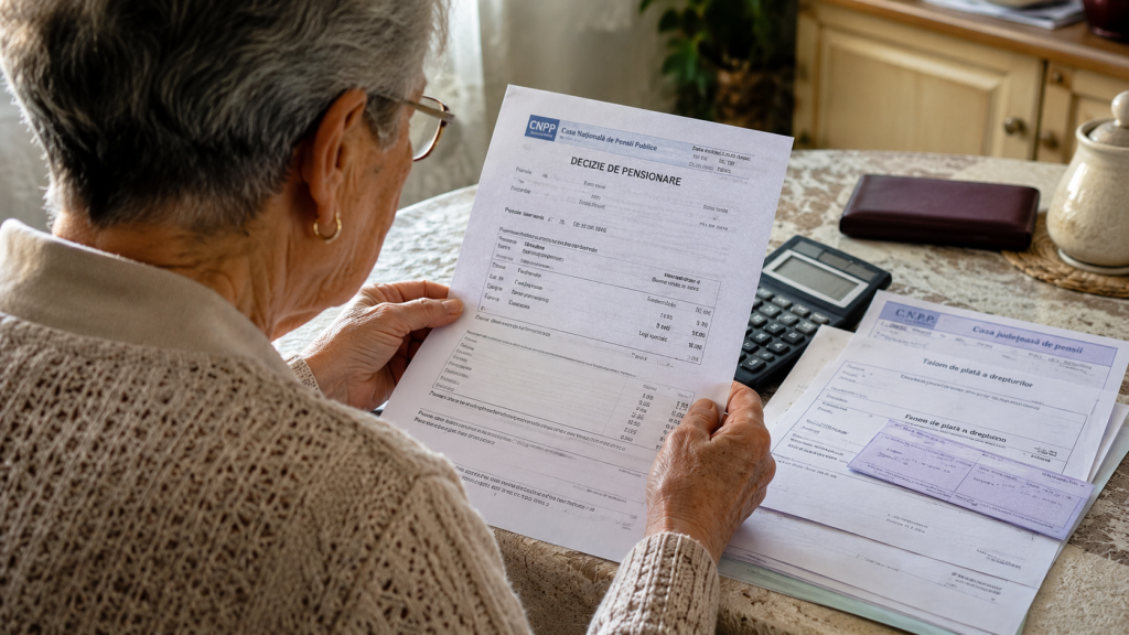 Femeie vârstnică verificând documente de pensie acasă, simbol al modificării vârstei de pensionare din iulie 2026.