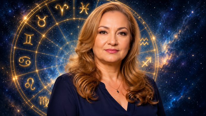 cristina-demetrescu-mercur-retrograd-iulie.jpg Cristina Demetrescu în fața unui cerc zodiacal, ilustrând previziunile astrologice pentru finalul lunii iulie.