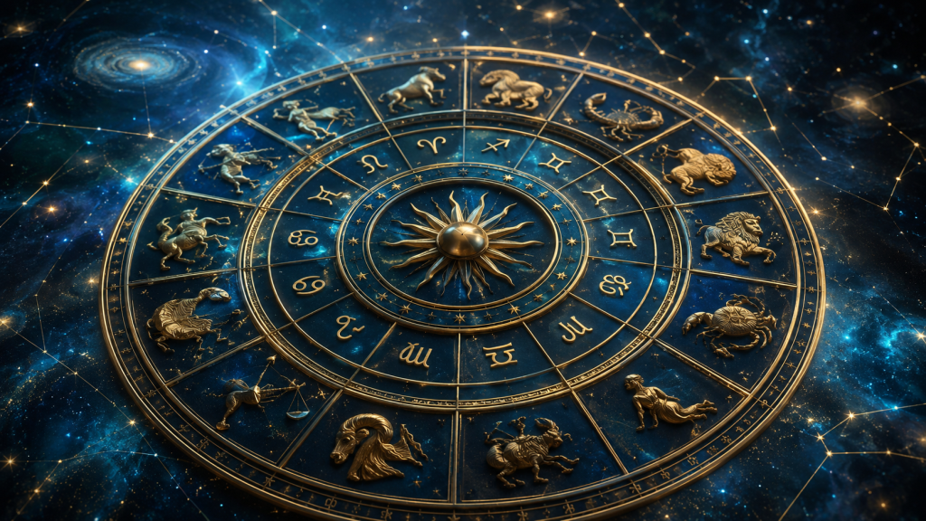 Cerc zodiacal iluminat în stil astrologic, reprezentând horoscopul zilnic și influențele astrale asupra zodiilor.