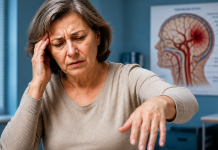 AVC-ul poate fi anunțat de câteva semne care apar cu ore înainte. Medicii spun că recunoașterea lor poate salva vieți Persoană adultă cu expresie îngrijorată și o mână la nivelul feței, ilustrând simptomele unui accident vascular cerebral.