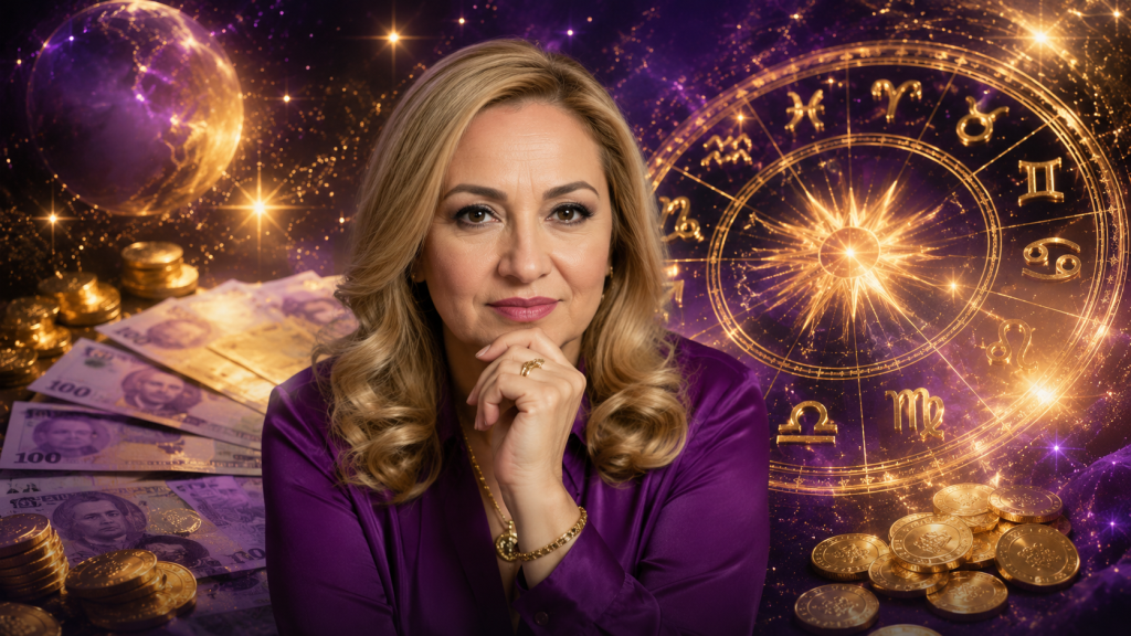 Simboluri zodiacale și monede aurii pe fundal cosmic, ilustrând previziunile financiare pentru zodii în a doua parte a lunii iulie.