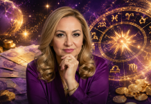 Simboluri zodiacale și monede aurii pe fundal cosmic, ilustrând previziunile financiare pentru zodii în a doua parte a lunii iulie.