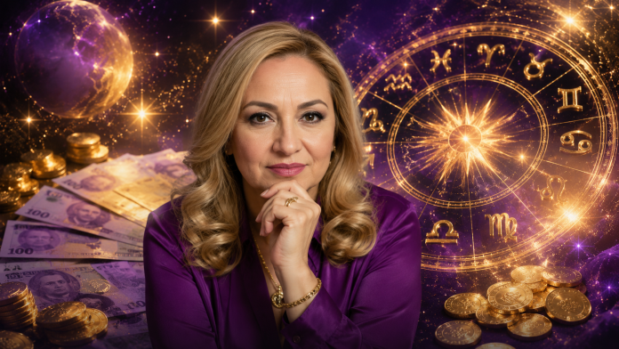 cristina-demetrescu-bani-iulie.jpg Simboluri zodiacale și monede aurii pe fundal cosmic, ilustrând previziunile financiare pentru zodii în a doua parte a lunii iulie.