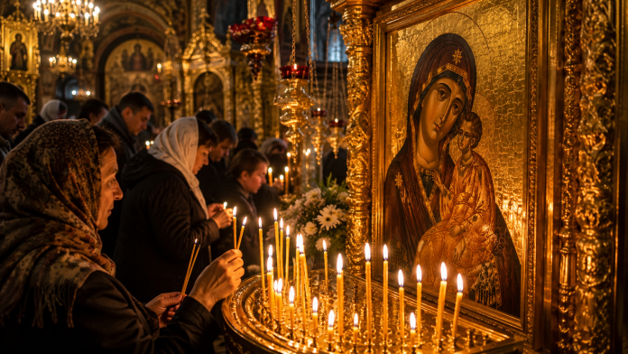 ce-este-bine-sa-faci-astazi-12-iulie.jpg Credincioși rugându-se în fața Icoanei Maicii Domnului Prodromița la o biserică ortodoxă