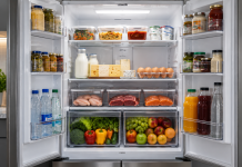 Frigider organizat corect cu alimente așezate pe rafturile potrivite