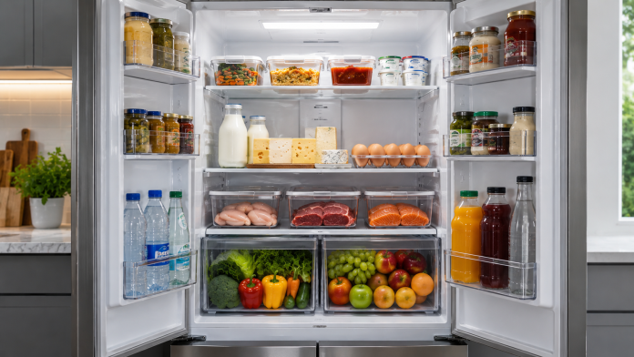 organizare-frigider-corecta.jpg Frigider organizat corect cu alimente așezate pe rafturile potrivite