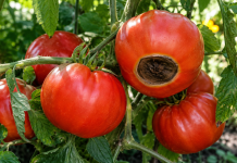 Roșii afectate de putregai apical, cu pete maronii la vârful fructelor.