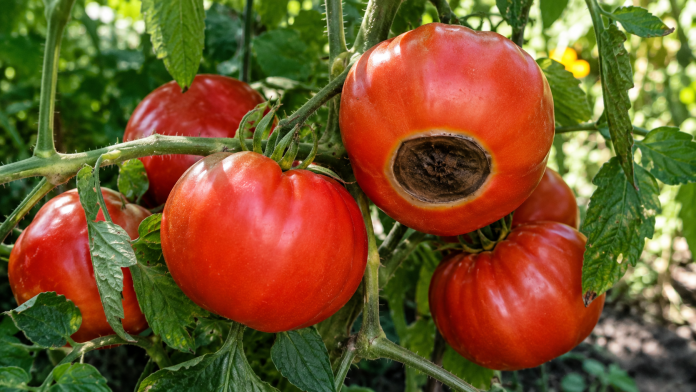 putregai-apical-rosii.jpg Roșii afectate de putregai apical, cu pete maronii la vârful fructelor.