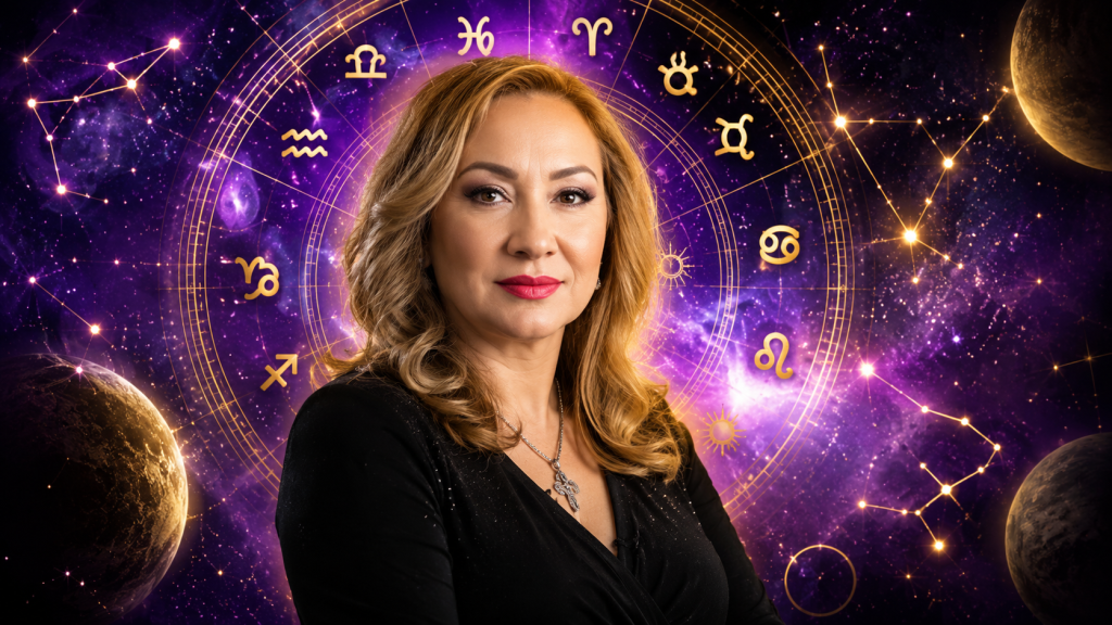 Cristina Demetrescu în prim-plan, cu cerc zodiacal și efecte astrale mov și aurii, ilustrând previziunile pentru finalul lunii iulie.