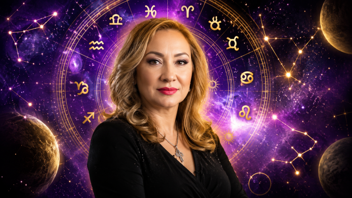 cristina-demetrescu-zodii-iulie.jpg Cristina Demetrescu în prim-plan, cu cerc zodiacal și efecte astrale mov și aurii, ilustrând previziunile pentru finalul lunii iulie.