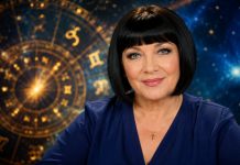 Neti Sandu în prim-plan, pe fundal cu simboluri zodiacale și elemente astrale.
