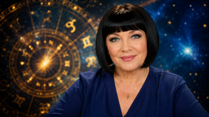 Neti Sandu în prim-plan, pe fundal cu simboluri zodiacale și elemente astrale.