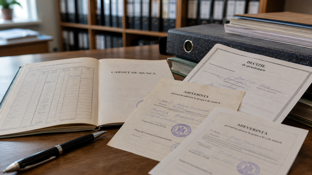 Carnet de muncă și adeverințe privind grupa I și grupa a II-a de muncă, alături de documente de pensie.