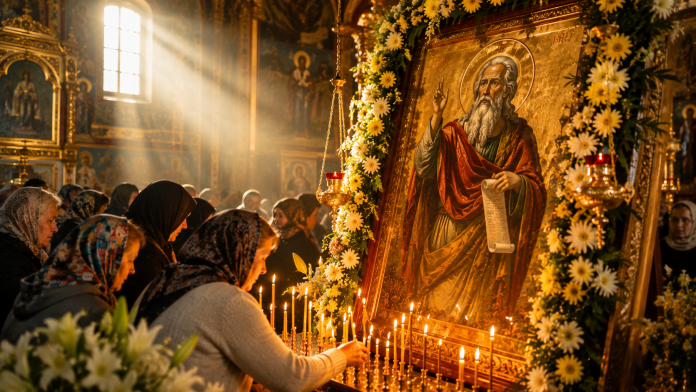 sfantul-ilie-traditii-superstitii.jpg Sfântul Proroc Ilie, sărbătorit pe 20 iulie, într-o biserică ortodoxă împodobită pentru ziua de praznic.