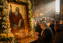 Credincioși în fața icoanei Sfântului Proroc Ilie în ziua sărbătorii
