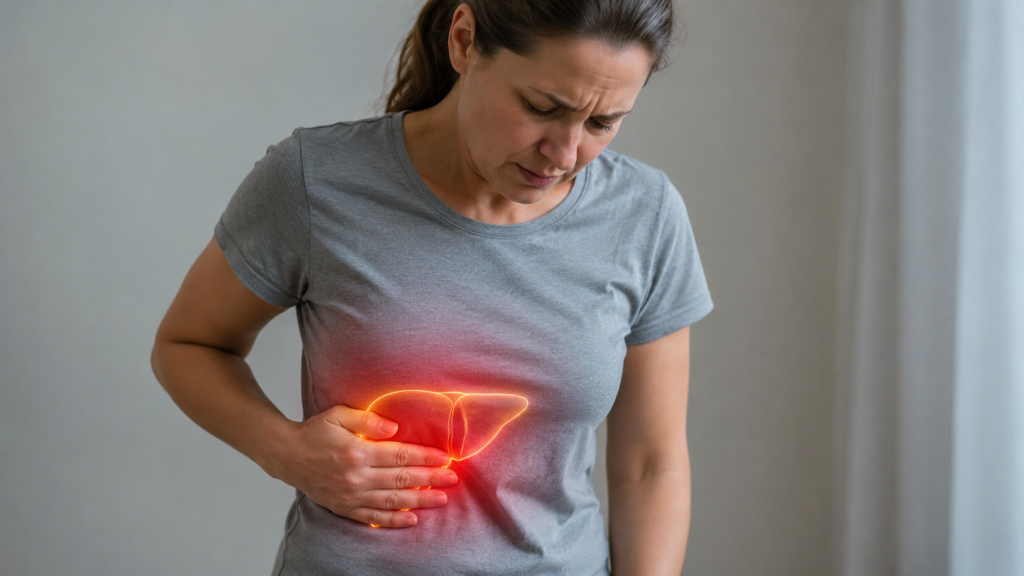 Femeie ținând mâna în dreptul ficatului, ilustrând simptomele care pot indica o afecțiune hepatică.