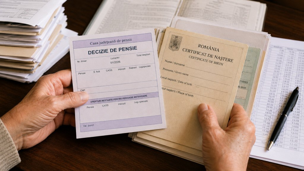 Mâinile unei persoane răsfoind documente de pensie și acte de stare civilă pe un birou.