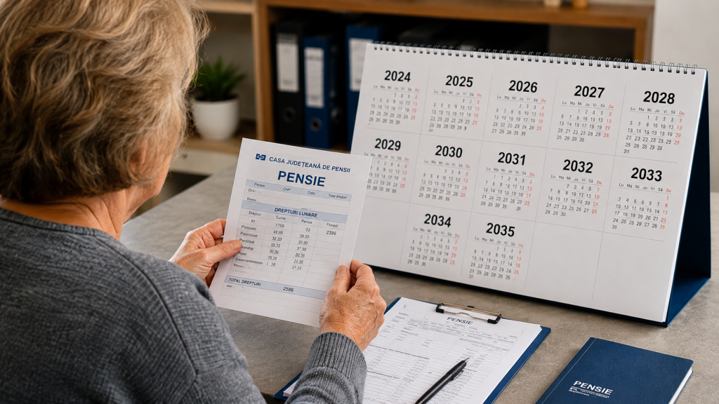 Femeie în vârstă analizând documente de pensie și un calendar.