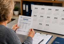 Femeie în vârstă analizând documente de pensie și un calendar.